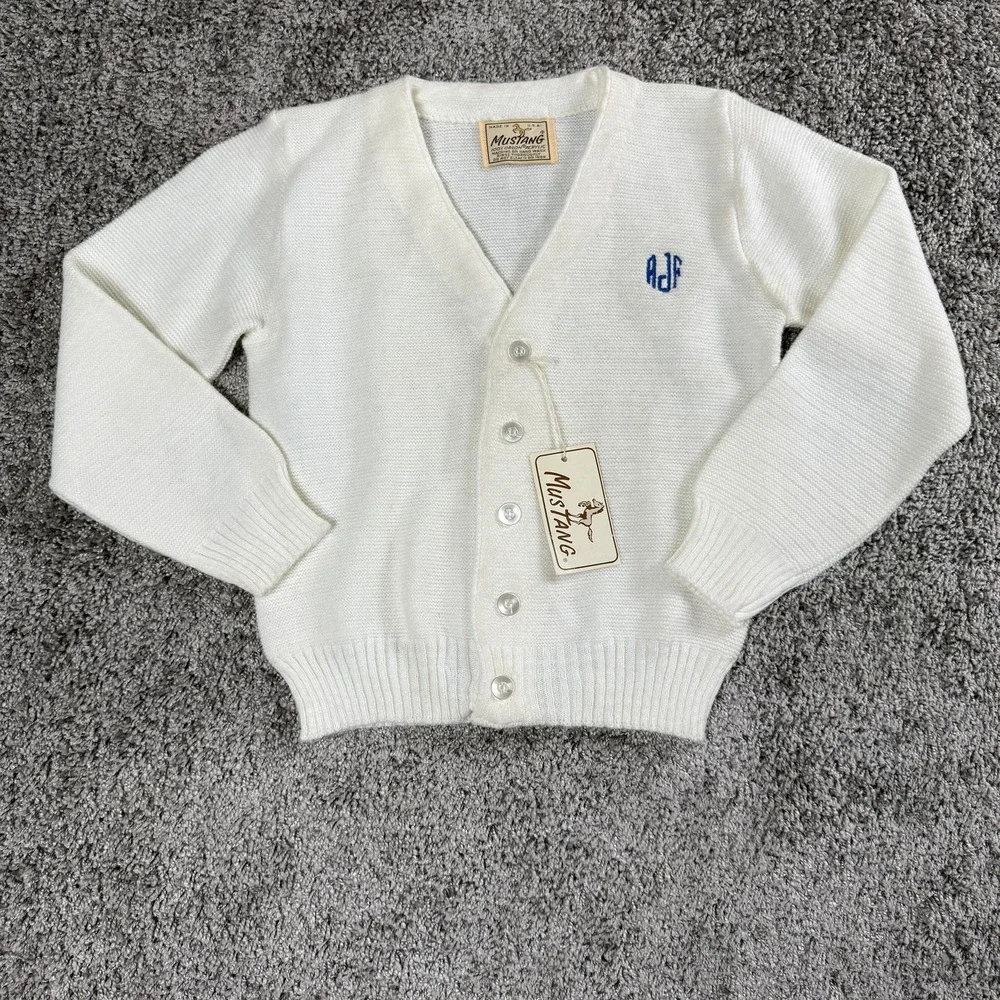 VTG 60s Mustang Boys Cardigan Sweater White‎ Preppy Academia Heritage Monogram